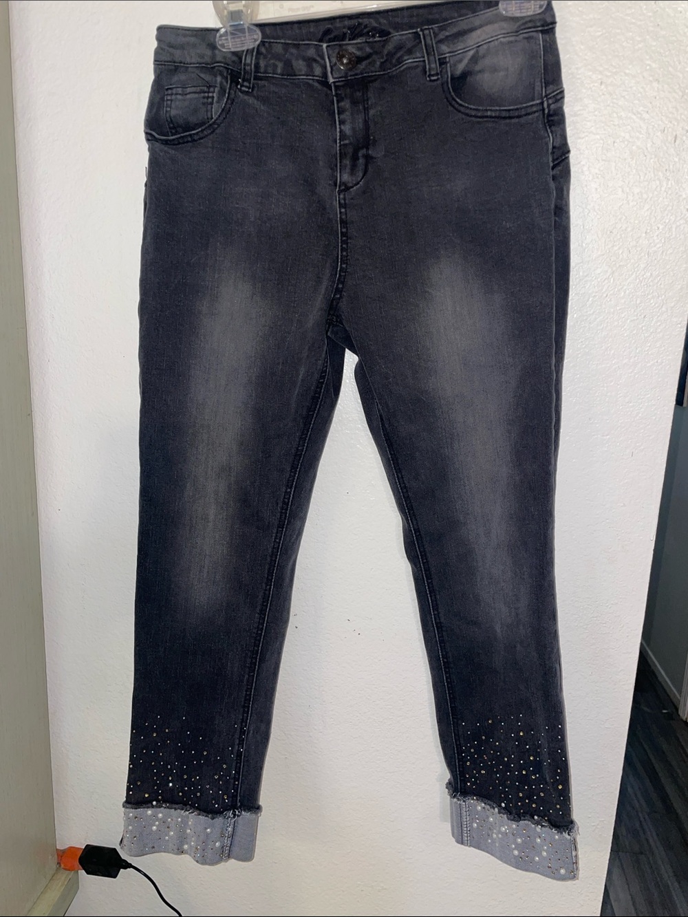 Women's Black Washed Rhinestone Cuffed Cropped Jeans